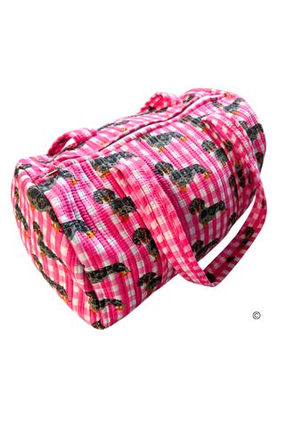 The Chloe | Quilted Pink Gingham Dachshund Duffel Bag