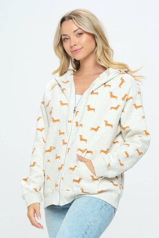 Cozy Dachshund Print Zip-Up Hoodie | Cute Wiener Dog Sweatshirt