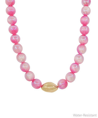 16" Pink Candy Bead & Geo Metal Statement Necklace Set – Water-Resistant