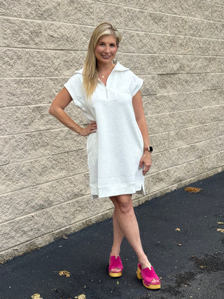 Dear Scarlett Textured Jacquard Half-Zip Dress with Pockets