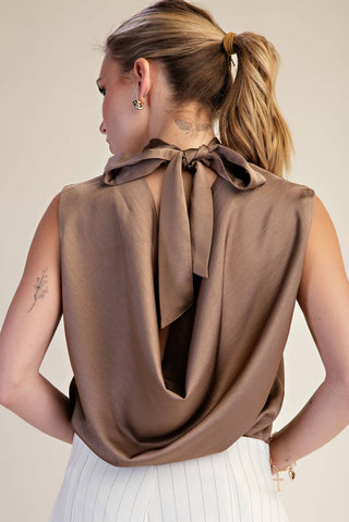 Satin Mock Neck Sleeveless Blouse with Elegant Cowl Back Tie
