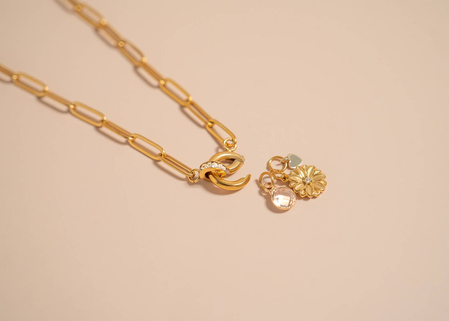 18K Gold PVD Paperclip Rhinestone Charm Holder Necklace - Gold