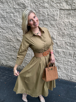 Button Front Shirt Midi Dress, Olive