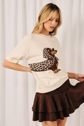 Round Neck Dachshund Graphic Short Sleeve Sweater Top