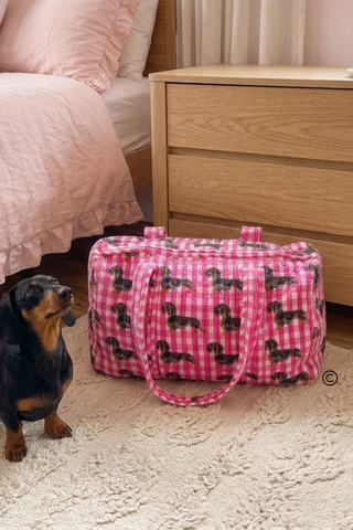 The Chloe | Quilted Pink Gingham Dachshund Duffel Bag