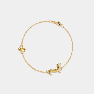 Gold-plated bracelet featuring a dachshund silhouette and paw print on a fine chain.