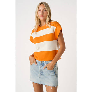 STRIPED SHORT CAP SLEEVE BOXY TOP