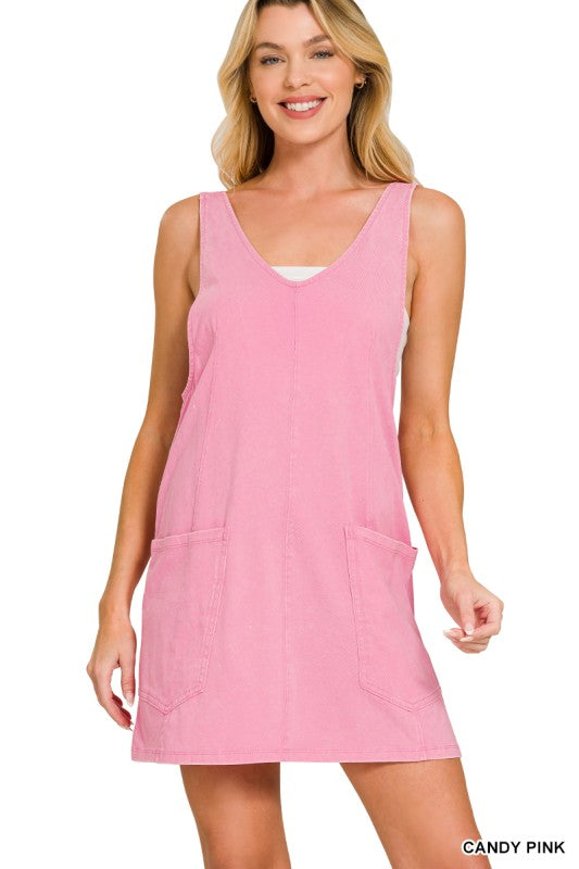 open lace back dress Baby Pink Acid Wash Knit Sleeveless Mini Dress
