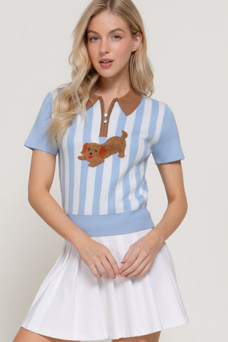 Preppy Dachshund Stripe Knit Polo