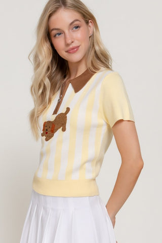 Preppy Dachshund Stripe Knit Polo