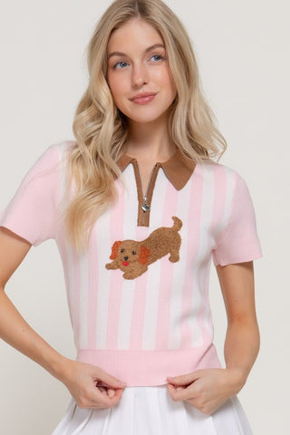 Preppy Dachshund Stripe Knit Polo