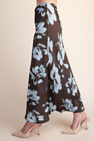 Floral Satin Midi Skirt – Chic Elastic Waist Slip Skirt