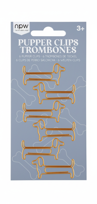 Gold dachshund-shaped paper clips on a blue background packaging.