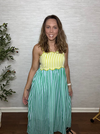 Scalloped Stripe Tie-Shoulder Midi Dress
