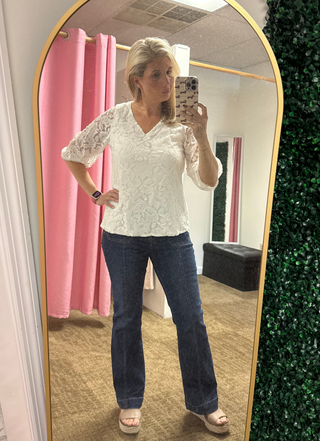 Floral Crochet Blouse – Elegant 3/4 Sleeve White Top - Medium