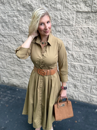 Button Front Shirt Midi Dress, Olive