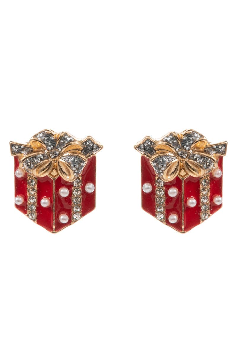 Red enamel gift box stud earrings with pearls, rhinestones, and gold bows displayed on a white background.