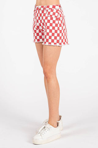GAME DAY CHECKERED FRAYED HEM CASUAL SHORTS