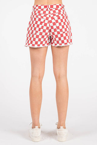 GAME DAY CHECKERED FRAYED HEM CASUAL SHORTS