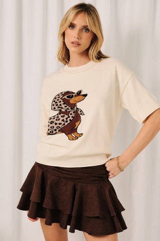 Round Neck Dachshund Graphic Short Sleeve Sweater Top