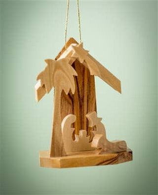 Mini Grotto with Holy Family and Palm – 2.5" Handcrafted Olive Wood Ornament