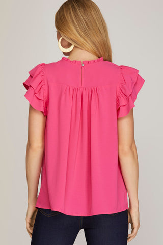 Hot Pink Ruffle Sleeve Pleated Top