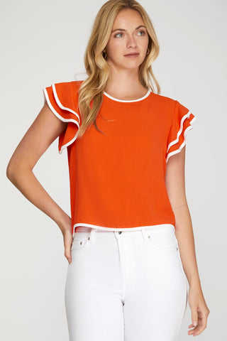 Game Day Ruffle Sleeve Contrast Piping Top
