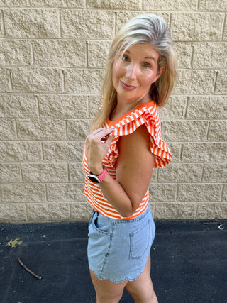 Game Day Glam: Orange Striped Ruffle Sleeve Knit Top