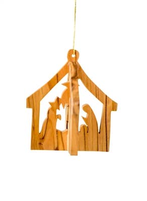 3D olive wood nativity ornament handcrafted in Bethlehem featuring the Holy Family in a stable.