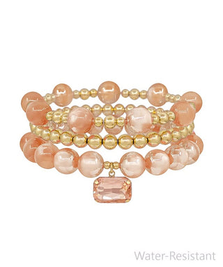 Luxe 3-Row Candy Bead & Gold CCB Stretch Bracelet | Water-Resistant