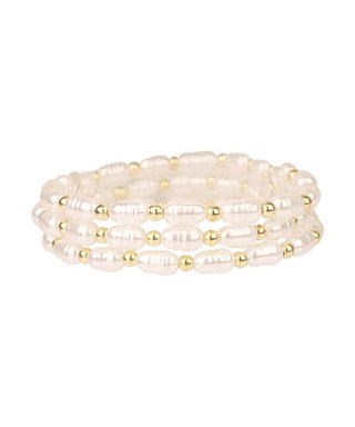 Elegant 3-Row Baroque Pearl Stretch Bracelet with Gold Accents