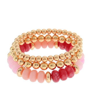 Pink Marble & Gold Bead 3-Row Stacking Bracelet