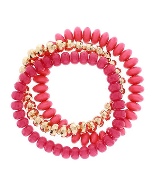 Vibrant Pink & Gold 3-Row Stackable Bead Bracelet