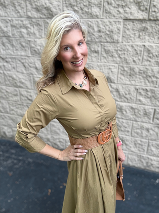 Button Front Shirt Midi Dress, Olive