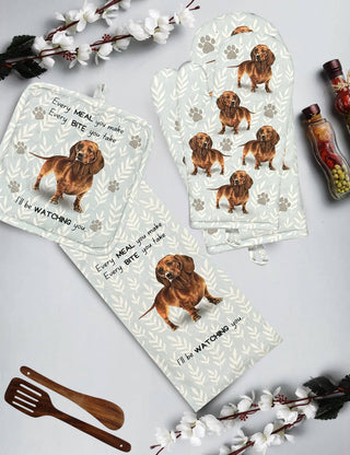 Red Dachshund Print Oven Mitt Set