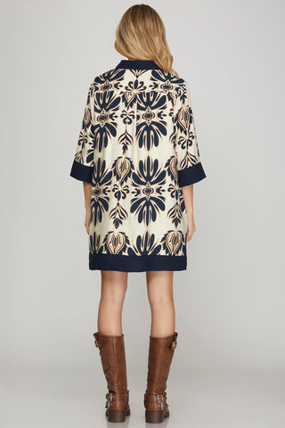 Half Sleeve Printed Mini Dress with Pockets – Navy