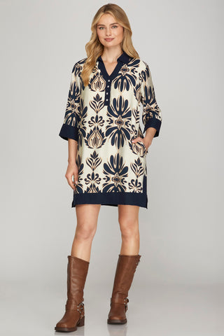 Half Sleeve Printed Mini Dress with Pockets – Navy
