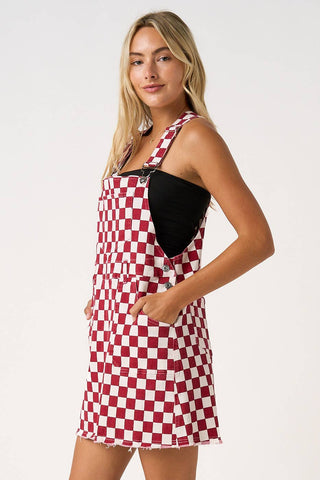 GAME DAY CHECKERED BIB OVERALL MINI DRESS