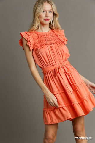 Tangerine Flutter Sleeve Tiered Dress