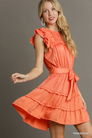 Tangerine Flutter Sleeve Tiered Dress