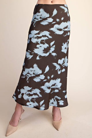Floral Satin Midi Skirt – Chic Elastic Waist Slip Skirt