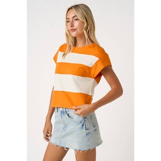 STRIPED SHORT CAP SLEEVE BOXY TOP