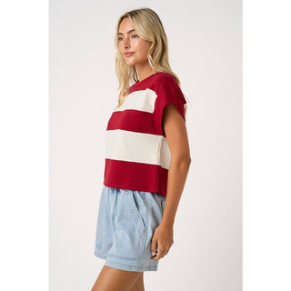 STRIPED SHORT CAP SLEEVE BOXY TOP