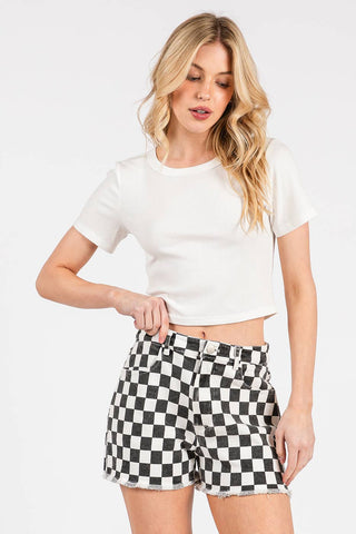GAME DAY CHECKERED FRAYED HEM CASUAL SHORTS