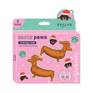 Packaging of Santa Paws Brightening Undereye Patches featuring dachshund designs in festive holiday theme.