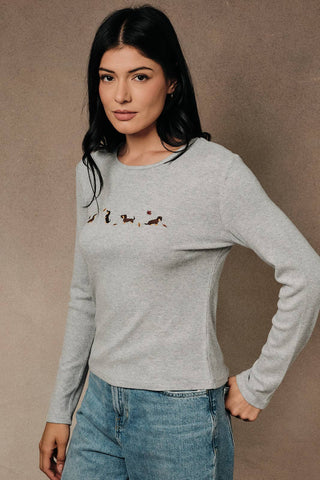 ROUND NECK  "FALL DOG THEME" EMBROIDERY RIBBED TOP