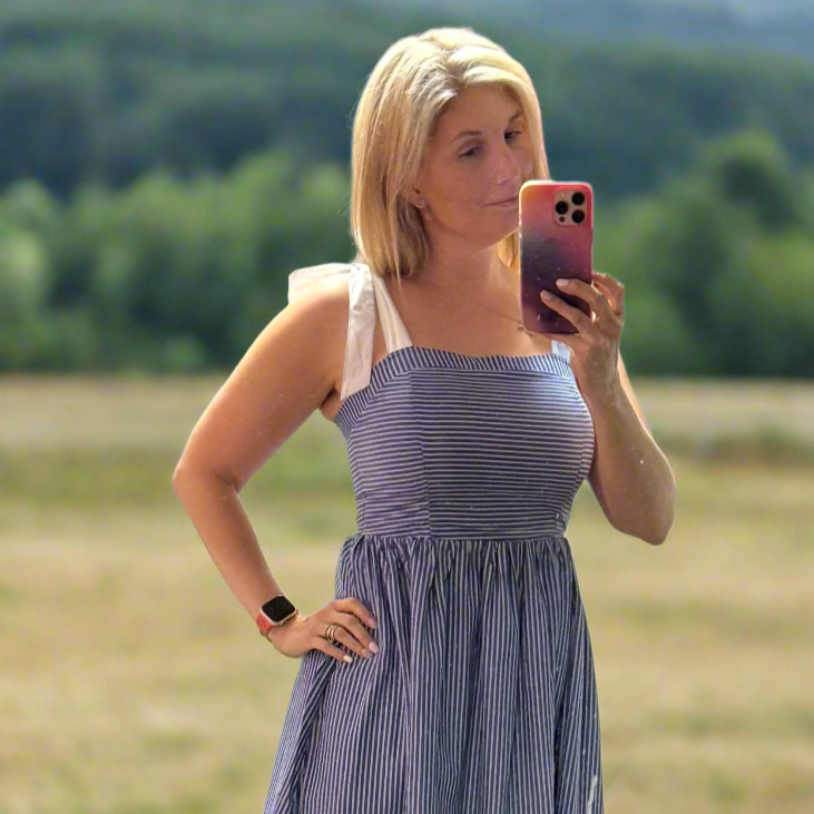 Striped Midi Dress with Contrast Ribbon Ties - Dress
