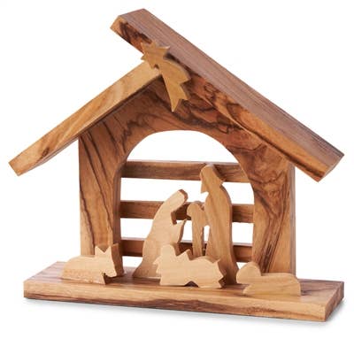 Handcrafted 4-inch olive wood nativity with fence featuring the Holy Family and animals, made in Bethlehem.