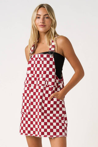 GAME DAY CHECKERED BIB OVERALL MINI DRESS