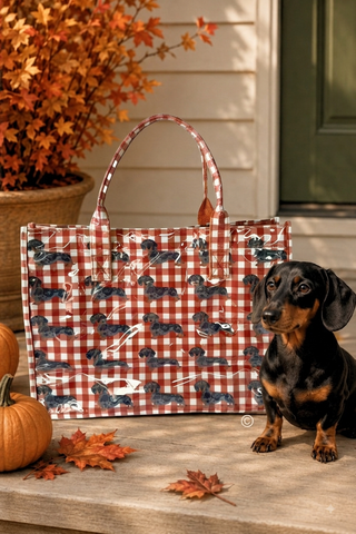 Khaki gingham vinyl tote with dachshund print, glossy finish, and sturdy handles.